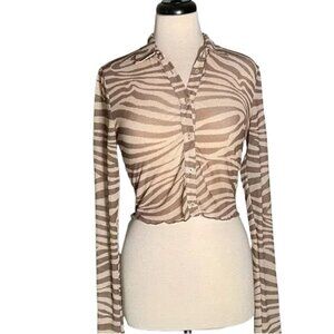 Bershka Tan and Cream Striped Button-Down Shirt